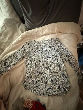 LOFT White Blouse with Navy and Mustard Floral Print